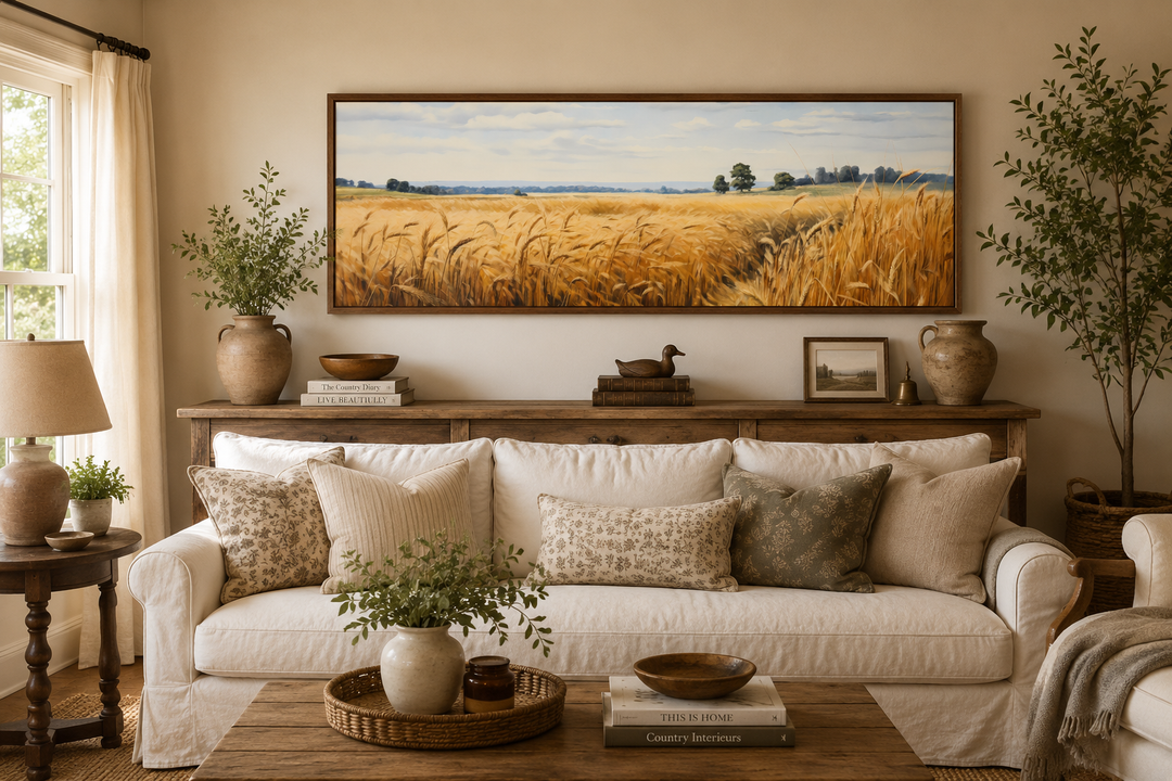 Long horizontal framed canvas wall art of a golden wheat field landscape above a white sofa.