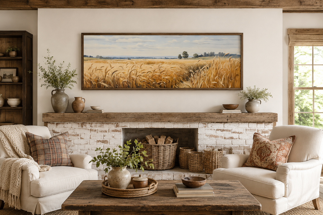 Long horizontal framed canvas wall art of a golden wheat field landscape above a fireplace.