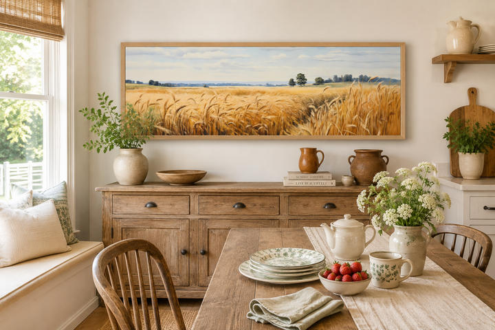 Long horizontal framed canvas art of a golden wheat field landscape above a wooden sideboard.