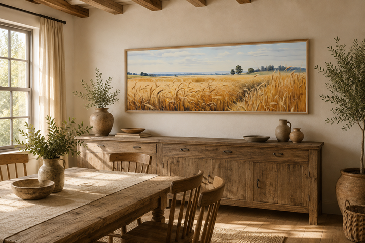 Long horizontal framed canvas wall art of a golden wheat field landscape in a farmhouse dining room.