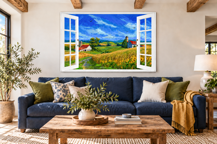 Summer Farm Landscape Window View Canvas Wall Art