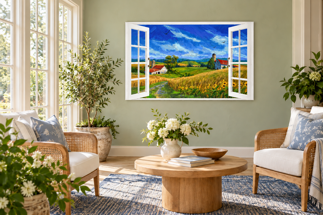 Summer Farm Landscape Window View Canvas Wall Art