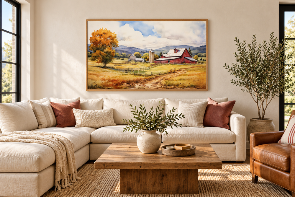 Farm scene painting with a red barn and golden fields in a wood frame above a white sectional sofa.