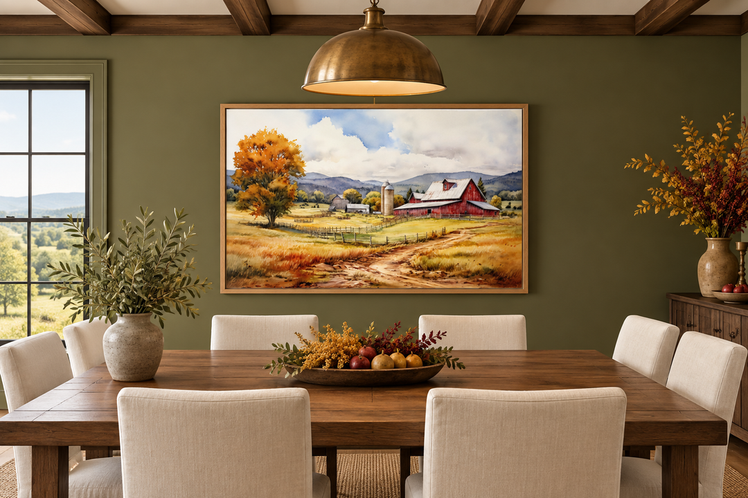 Farm scene painting with a red barn in a golden field, framed canvas wall art in a dining room.
