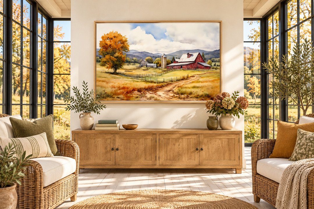 Framed canvas wall art of a red barn in a golden field with a large autumn tree and rolling hills.