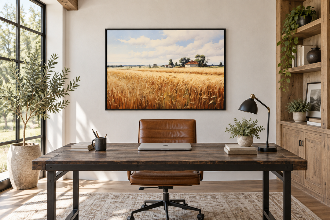 Rustic wheat field landscape farmhouse framed canvas wall art hanging above a wooden desk.