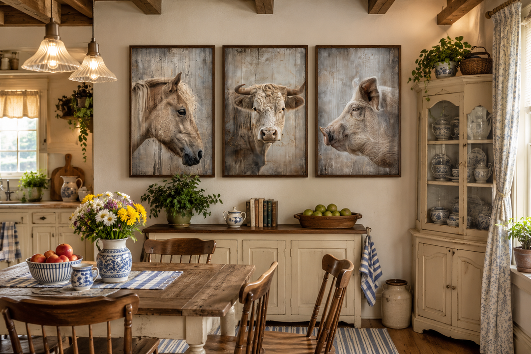 Set of 3 framed rustic farmhouse animal paintings featuring a horse, cow, and pig on a dining wall.