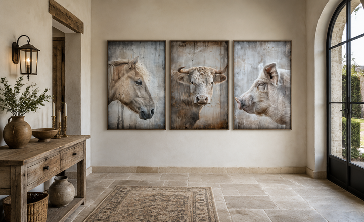 Set of 3 framed rustic farmhouse animal paintings featuring a horse, a cow, and a pig on a wall.