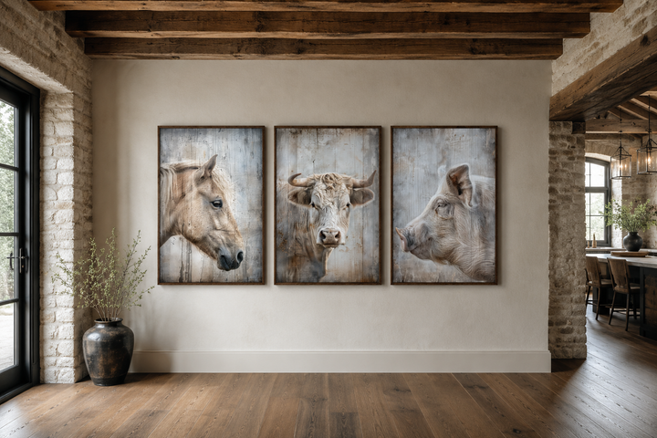Set of three framed rustic paintings featuring a horse, cow, and pig on a farmhouse wall.