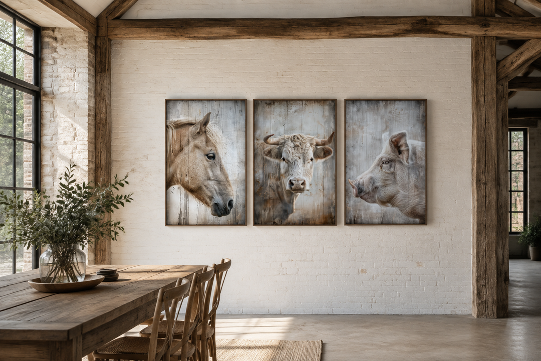 Set of 3 framed rustic paintings featuring a horse, cow, and pig on a white brick farmhouse wall.