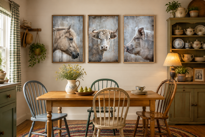 Set of 3 framed rustic paintings of a horse, cow, and pig above a wooden dining table.