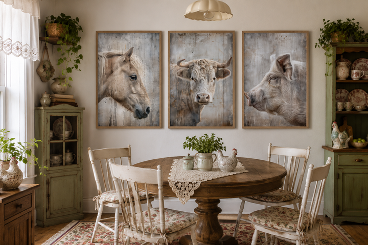 Set of 3 framed rustic farmhouse paintings featuring a horse, cow, and pig on a dining room wall.