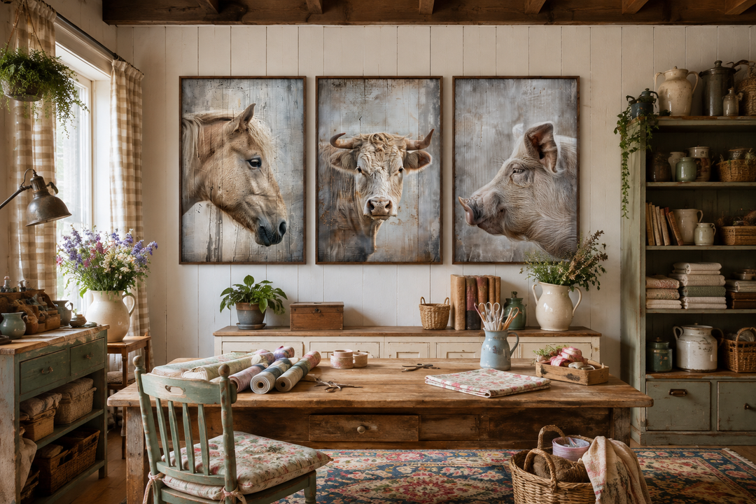 Set of 3 framed rustic farmhouse paintings featuring a horse, cow, and pig on a white paneled wall.