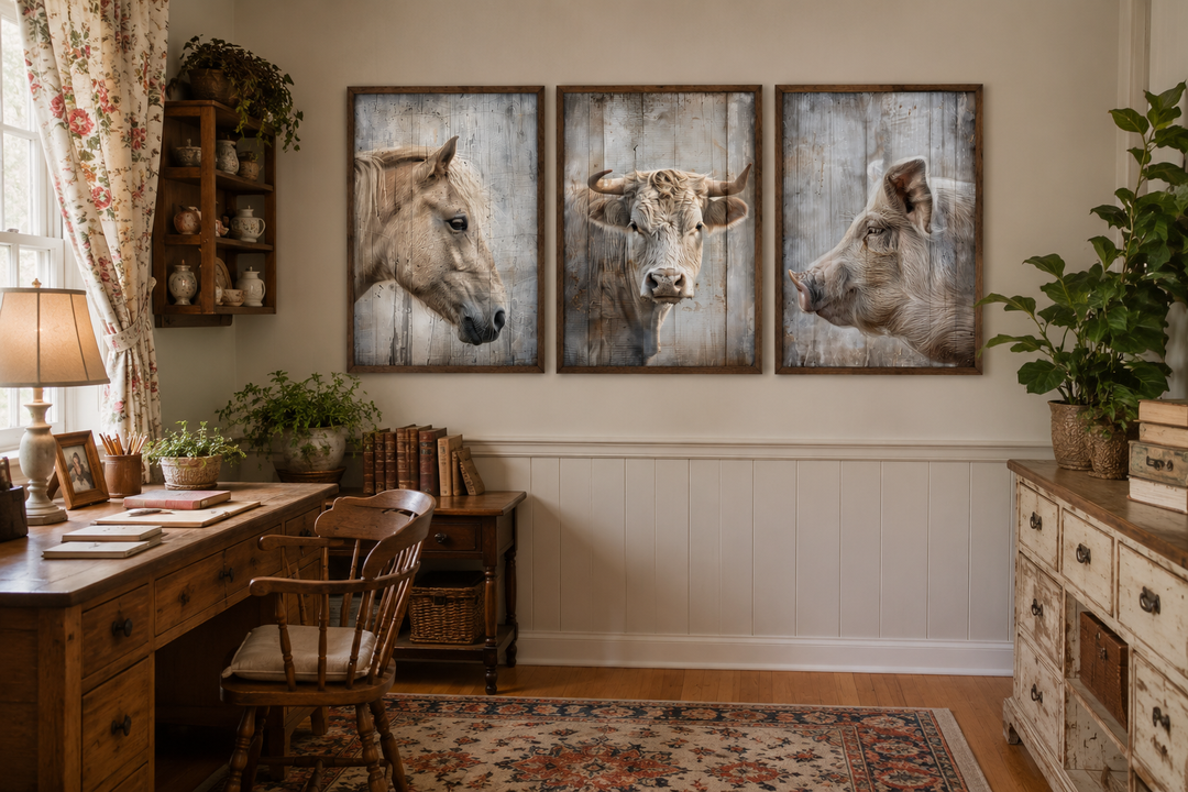 Set of 3 framed rustic farmhouse animal paintings featuring a horse, cow, and pig on a wood wall.
