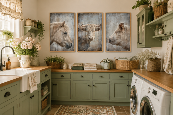 Set of 3 framed rustic paintings featuring a horse, cow, and pig on a laundry room wall.