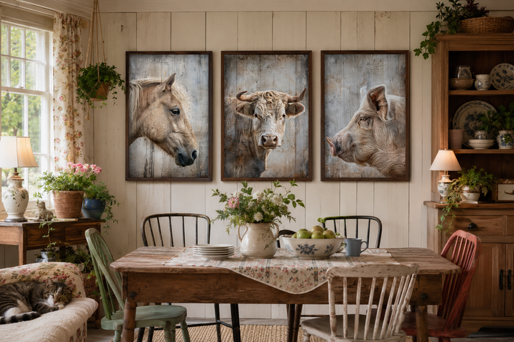 Set of 3 framed rustic farmhouse animal paintings featuring a horse, cow, and pig on a wood wall.