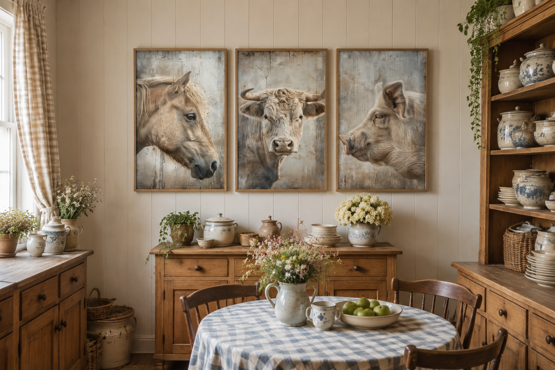 Set of 3 framed rustic paintings featuring a horse, cow, and pig in a farmhouse dining room.