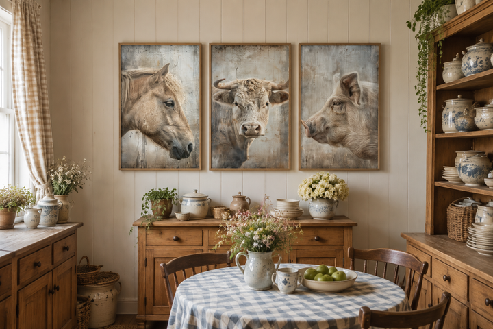 Set of 3 framed rustic paintings featuring a horse, cow, and pig in a farmhouse dining room.
