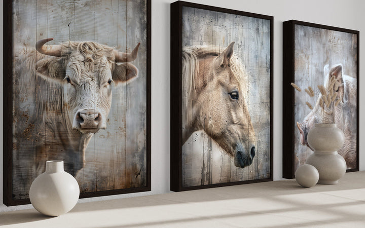 Set of 3 framed rustic farmhouse wall art prints featuring a cow, horse, and pig on wood texture.