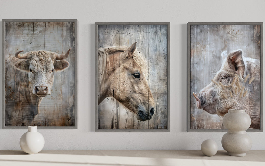 Farmhouse Animals Painting | Framed Rustic Wall Art Set of 3 Cow Pig Horse