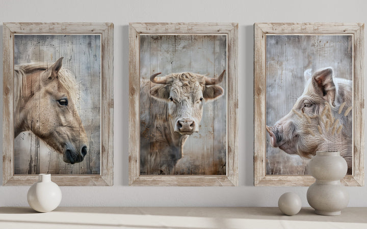 Set of 3 framed rustic farmhouse animal paintings featuring a horse, cow, and pig in neutral tones.