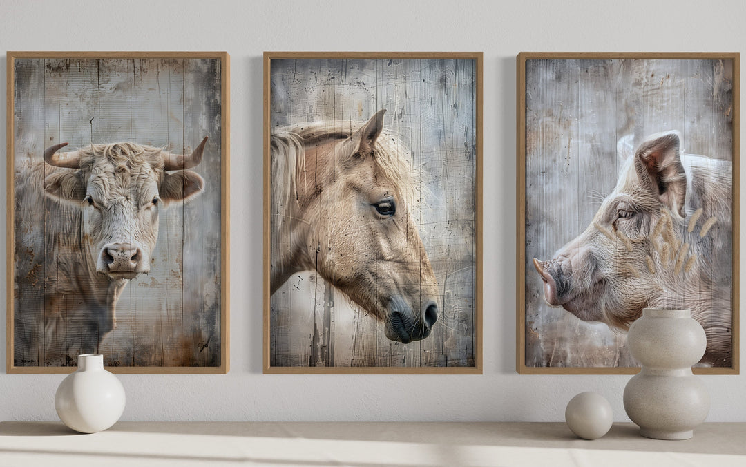 Set of 3 framed rustic farmhouse wall art prints featuring a cow, horse, and pig in neutral tones.