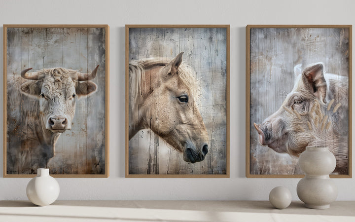 Set of 3 framed rustic farmhouse wall art prints featuring a cow, horse, and pig in neutral tones.