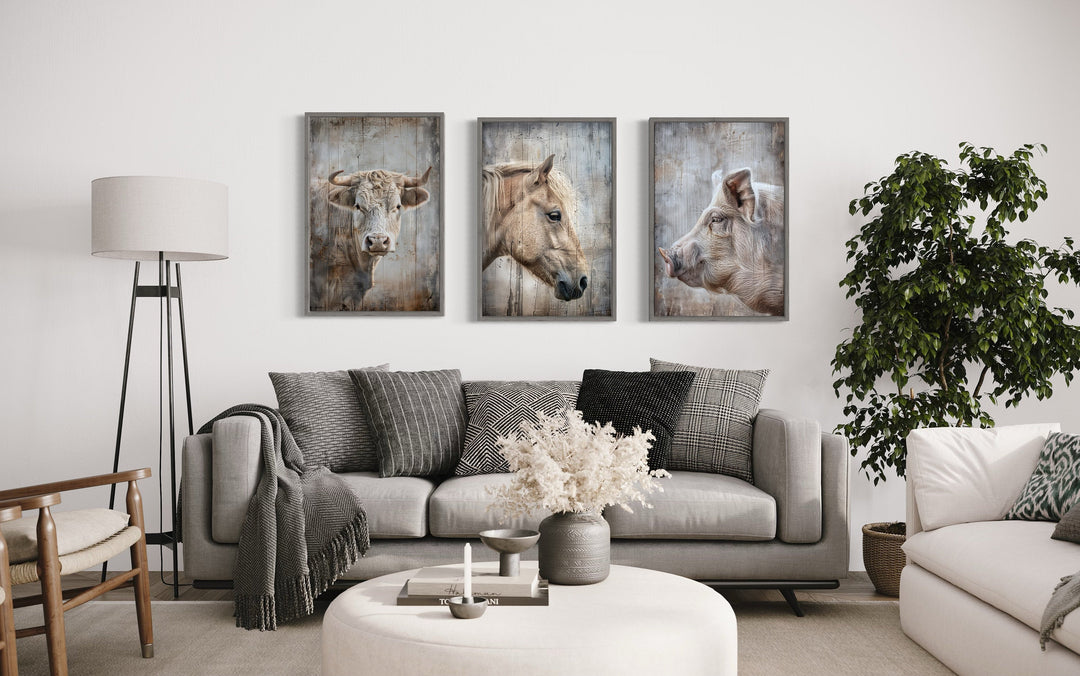 Farmhouse Animals Painting | Framed Rustic Wall Art Set of 3 Cow Pig Horse
