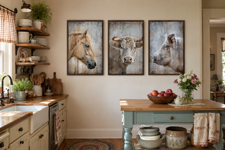 Set of three framed rustic paintings featuring a horse, cow, and pig in a farmhouse kitchen.