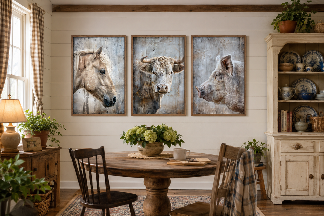 Set of 3 framed rustic farmhouse animal paintings featuring a horse, cow, and pig on a wood wall.