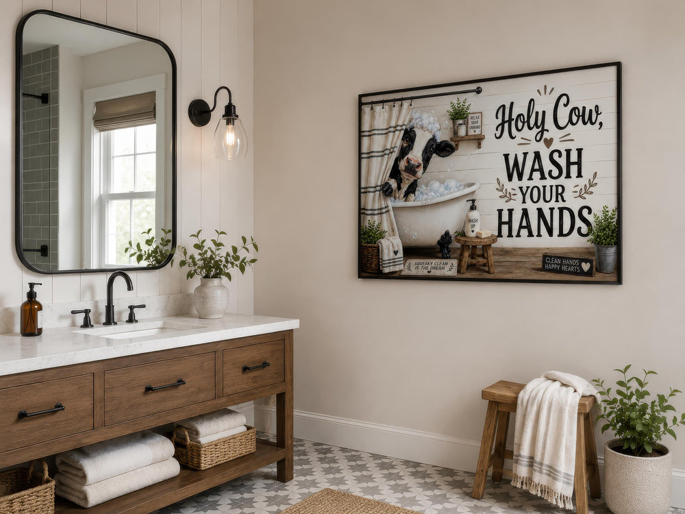 Farmhouse bathroom wall art featuring a cow in a bathtub and "Holy Cow, Wash Your Hands" text.