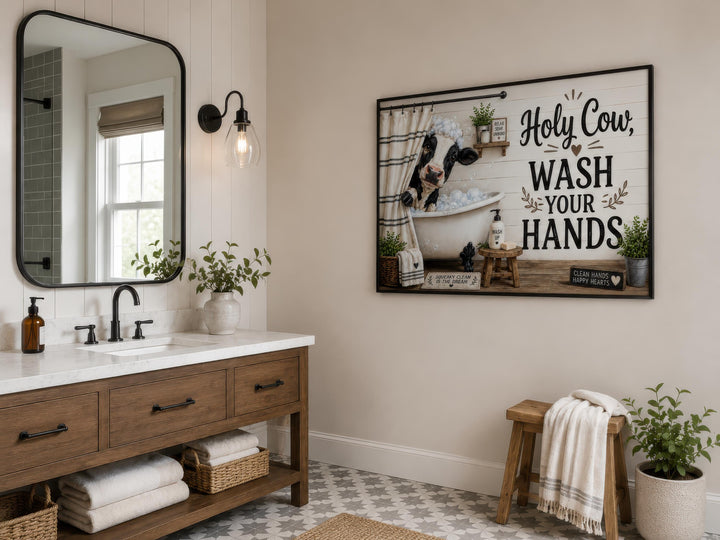Farmhouse bathroom wall art featuring a cow in a bathtub and "Holy Cow, Wash Your Hands" text.