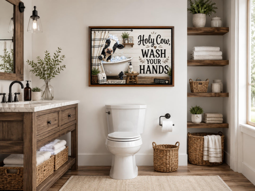 Farmhouse bathroom wall art featuring a cow in a bathtub with "Holy Cow, Wash Your Hands" text.