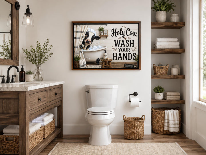 Farmhouse bathroom wall art featuring a cow in a bathtub with "Holy Cow, Wash Your Hands" text.