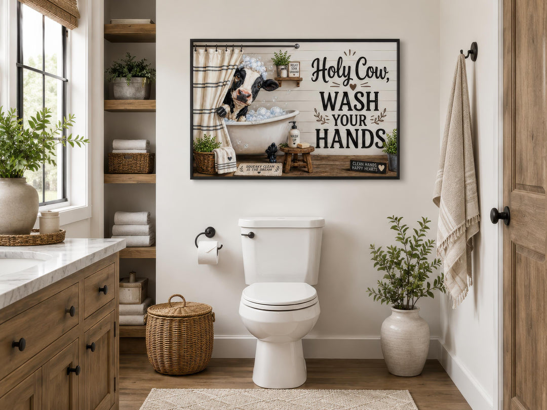 Farmhouse bathroom wall art featuring a cow in a bathtub with the text "Holy Cow, WASH YOUR HANDS".