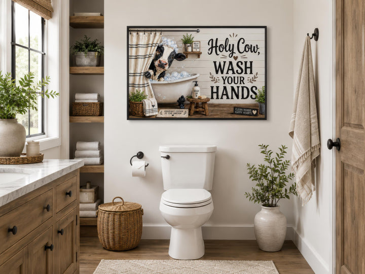 Farmhouse bathroom wall art featuring a cow in a bathtub with the text "Holy Cow, WASH YOUR HANDS".