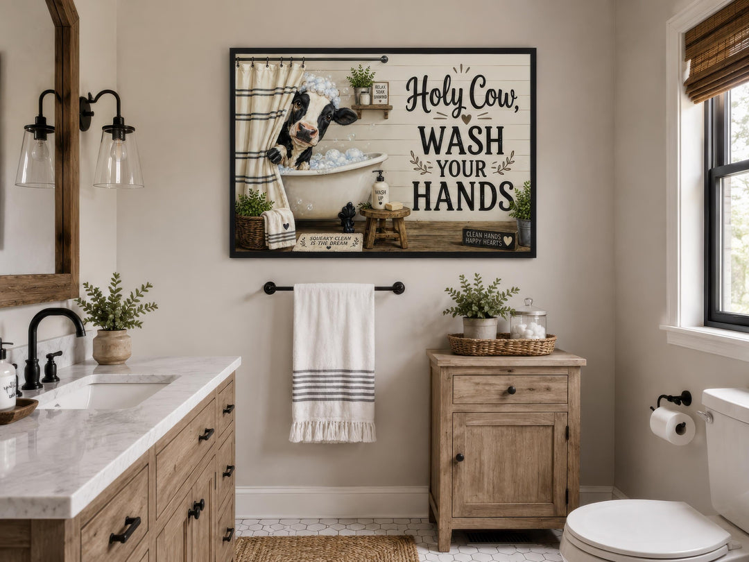 Funny farmhouse bathroom canvas art featuring a cow in a bathtub with 'Holy Cow, Wash Your Hands'.