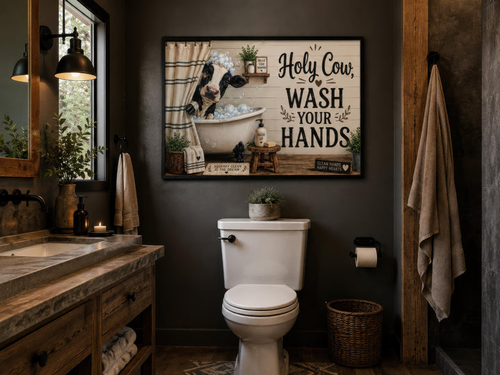 Farmhouse bathroom wall art featuring a cow in a bathtub and 'Holy Cow, Wash Your Hands' text.