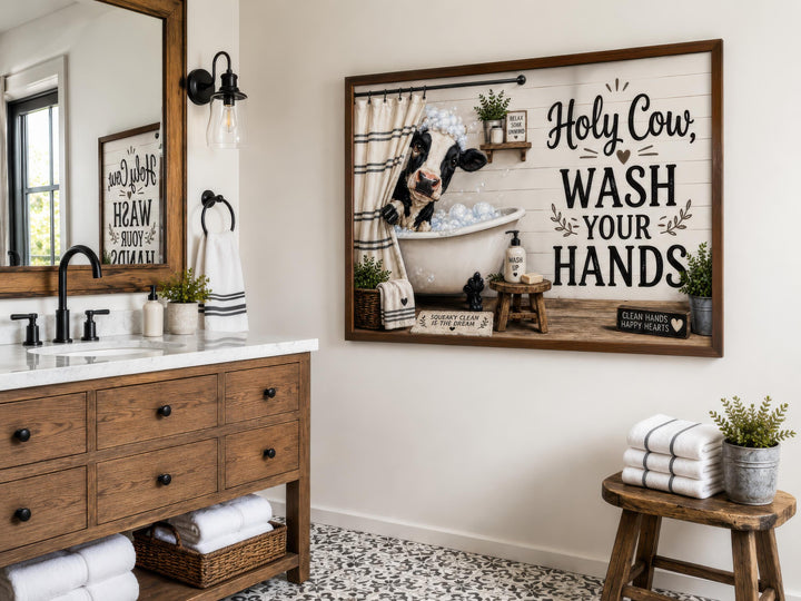 Farmhouse bathroom wall art featuring a cow in a bathtub with the text "Holy Cow, WASH YOUR HANDS."