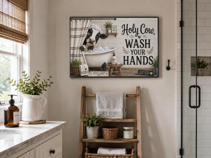 Farmhouse bathroom wall art featuring a cow in a bathtub with the text "Holy Cow, Wash Your Hands."