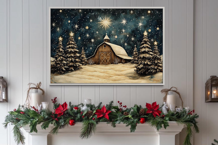 Farmhouse Christmas Barn In Snow Framed Canvas Wall Art For Above Mantel