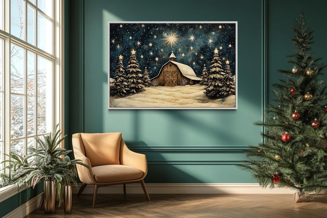 Farmhouse Christmas Barn In Snow Framed Canvas Wall Art For Above Mantel