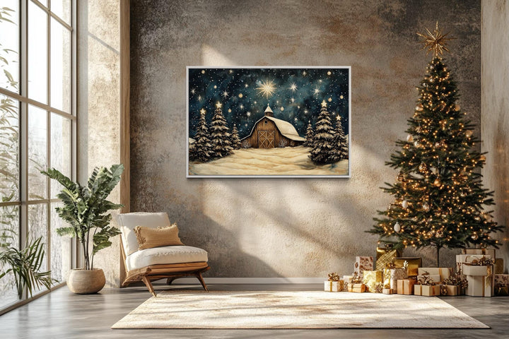 Farmhouse Christmas Barn In Snow Framed Canvas Wall Art For Above Mantel