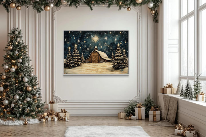 Farmhouse Christmas Barn In Snow Framed Canvas Wall Art For Above Mantel