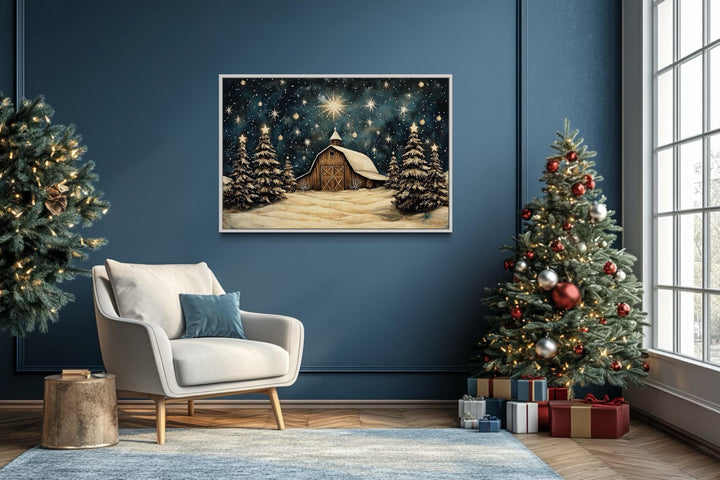 Farmhouse Christmas Barn In Snow Framed Canvas Wall Art For Above Mantel