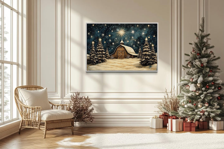 Farmhouse Christmas Barn In Snow Framed Canvas Wall Art For Above Mantel