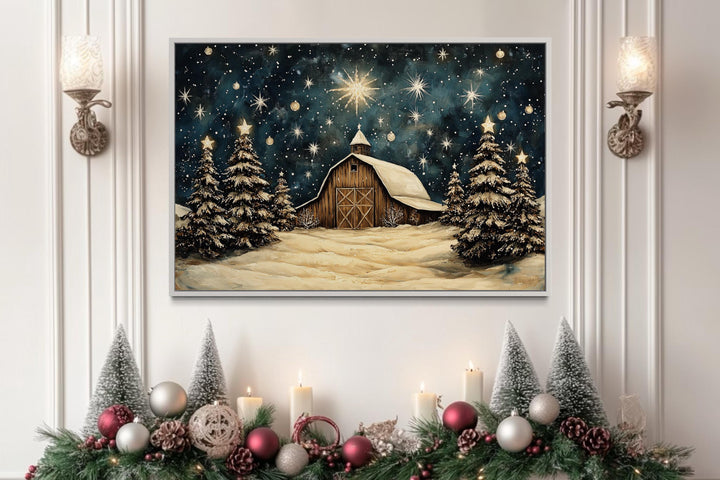 Farmhouse Christmas Barn In Snow Framed Canvas Wall Art For Above Mantel