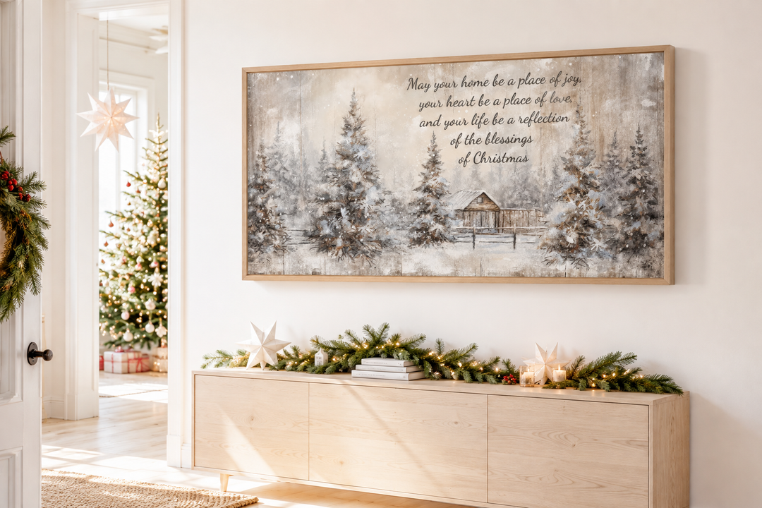 Farmhouse Christmas Eve Sign with a winter scene and blessing above a wooden sideboard.
