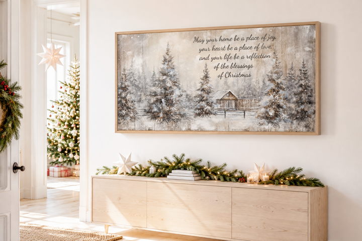 Farmhouse Christmas Eve Sign with a winter scene and blessing above a wooden sideboard.