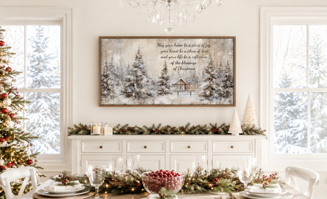 Farmhouse Christmas Eve sign with a winter scene and blessing above a decorated white sideboard.